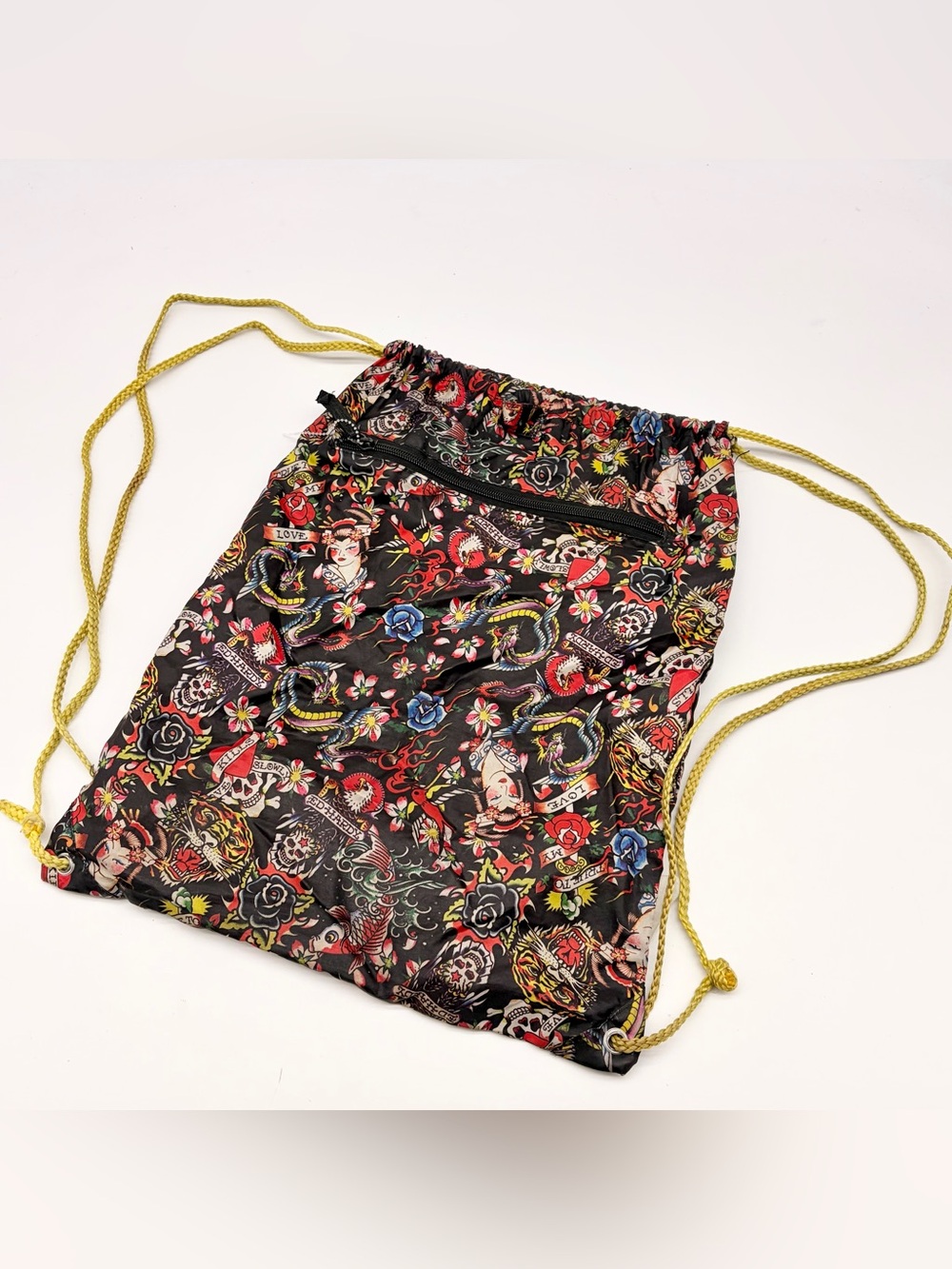 Ed Hardy Christian Audigier Tattoo Drawstring Backpack Black, Red & Yellow Nylon